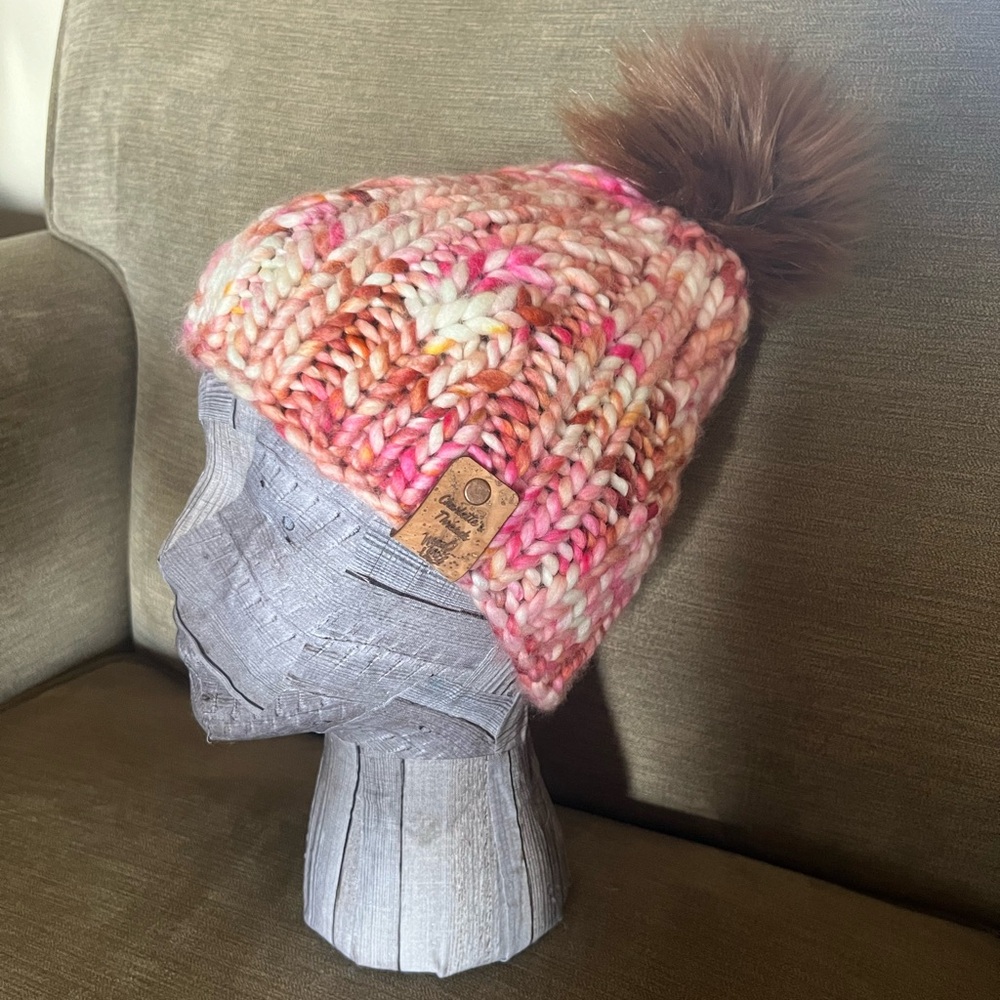Luxury Hand Knit Hat with Faux Fur Pom Pom